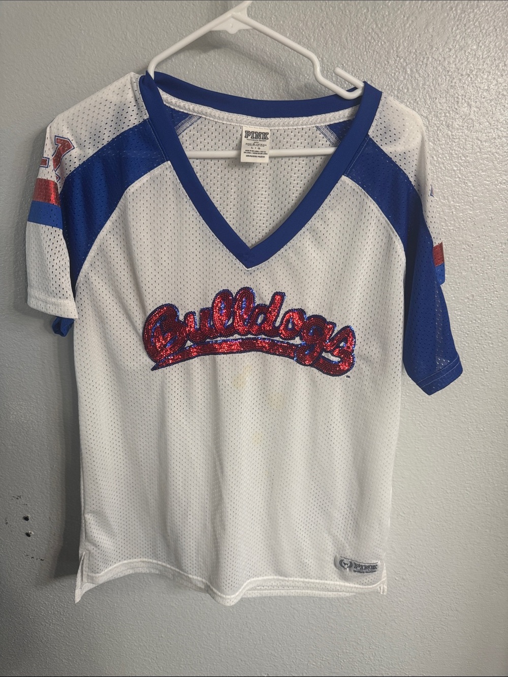 PINK Victoria's Secret White & Royal Blue Bulldogs Sequin V-Neck Jersey